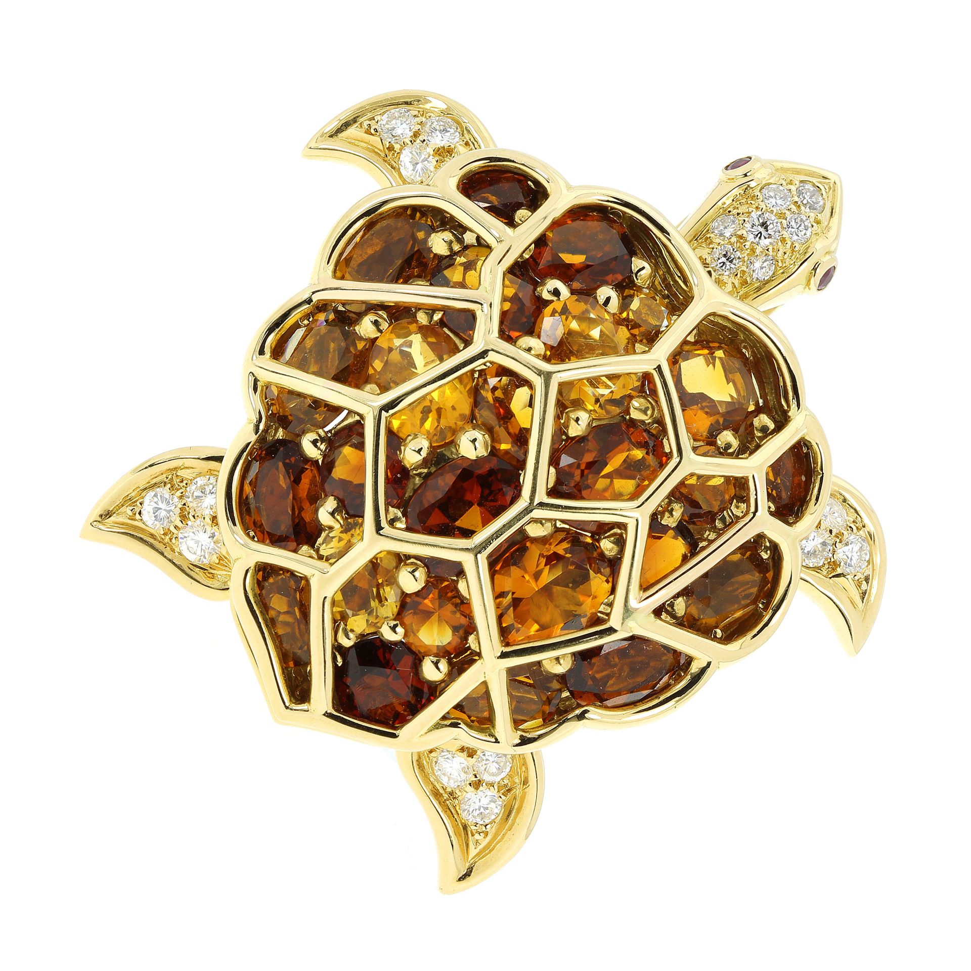 A CITRINE, DIAMOND AND RUBY TURTLE PENDANT, CHANEL in 18ct yellow gold, designed as a turtle, its
