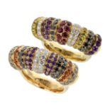 A PAIR OF JEWELLED DRESS RINGS, ADLER in 18ct yellow gold, each set with multiple rows of