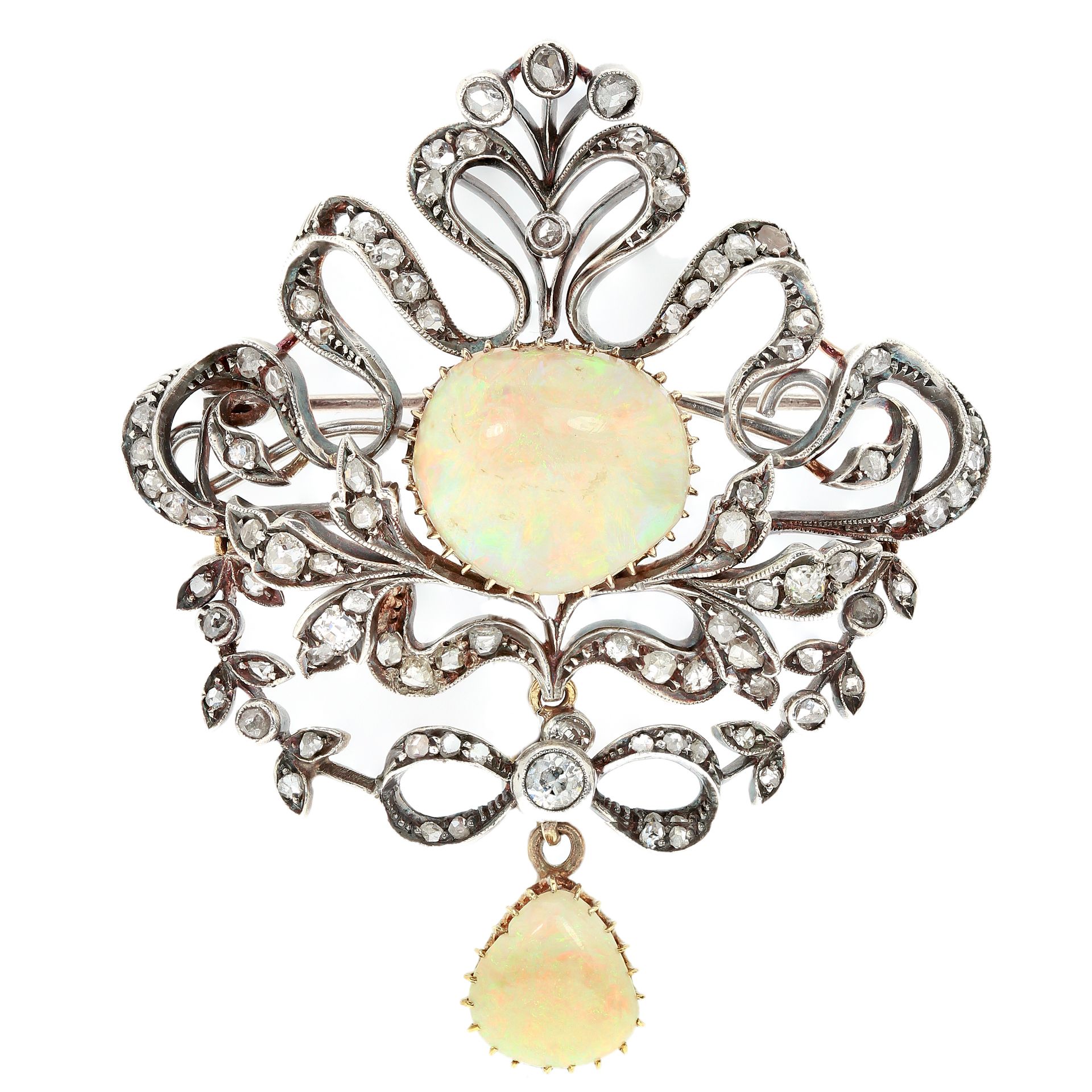 AN ANTIQUE OPAL AND DIAMOND BROOCH CIRCA 1880 in high carat yellow gold and silver set with a