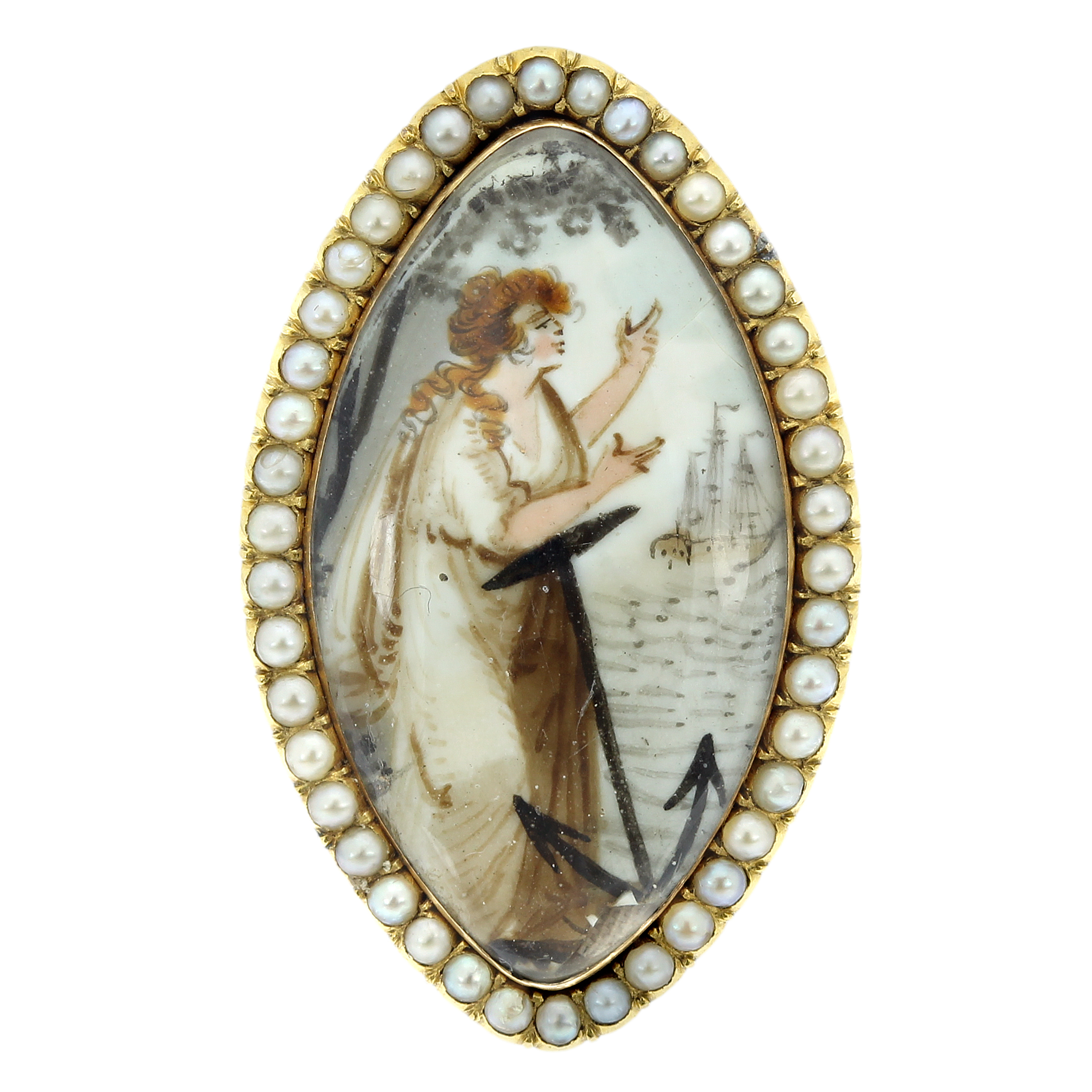 AN ANTIQUE PORTRAIT MINIATURE AND SEED PEARL BROOCH CIRCA 1830 in high carat yellow gold, of navette
