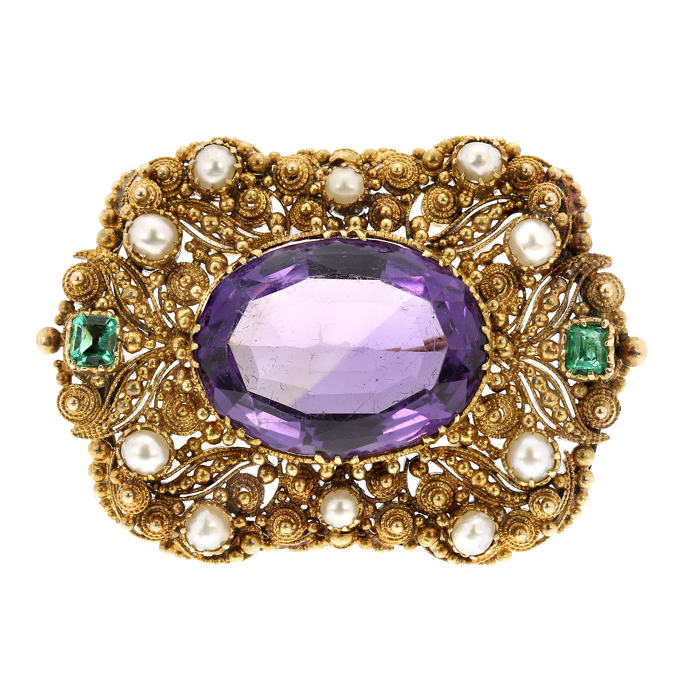 AN ANTIQUE AMETHYST, EMERALD AND PEARL BROOCH in high carat yellow gold, set with a large oval cut