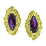 A PAIR OF AMETHYST CLIP EARRINGS CIRCA 1970 in high carat yellow gold each set with a large marquise