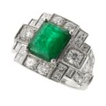 AN EMERALD AND DIAMOND DRESS RING in platinum, set with a central cut cornered step cut emerald of