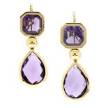 A PAIR OF AMETHYST EARRINGS, CIRCA 1980 in high carat yellow gold, each set with a checkerboard