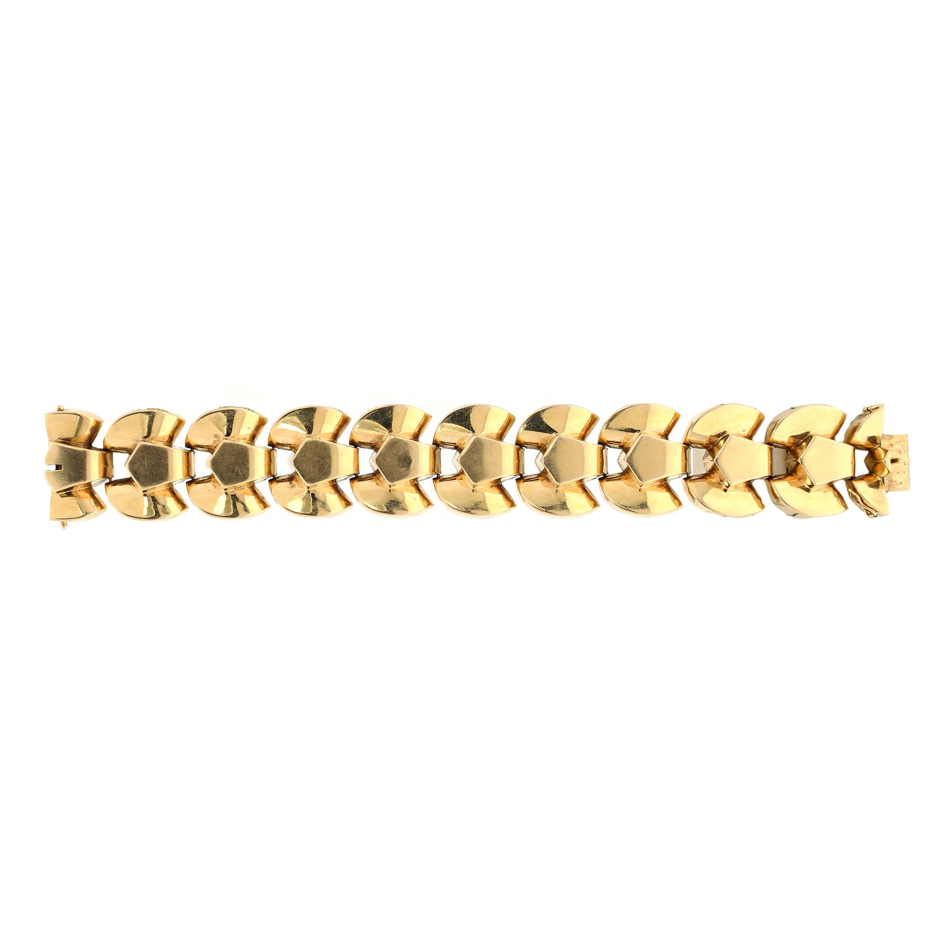 A VINTAGE FANCY LINK BRACELET in 18ct yellow gold, comprising ten geometric links with angular and
