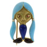 AN ENAMEL MERMAID BROOCH, BVLGARI in high carat yellow gold, designed as a caricature of a