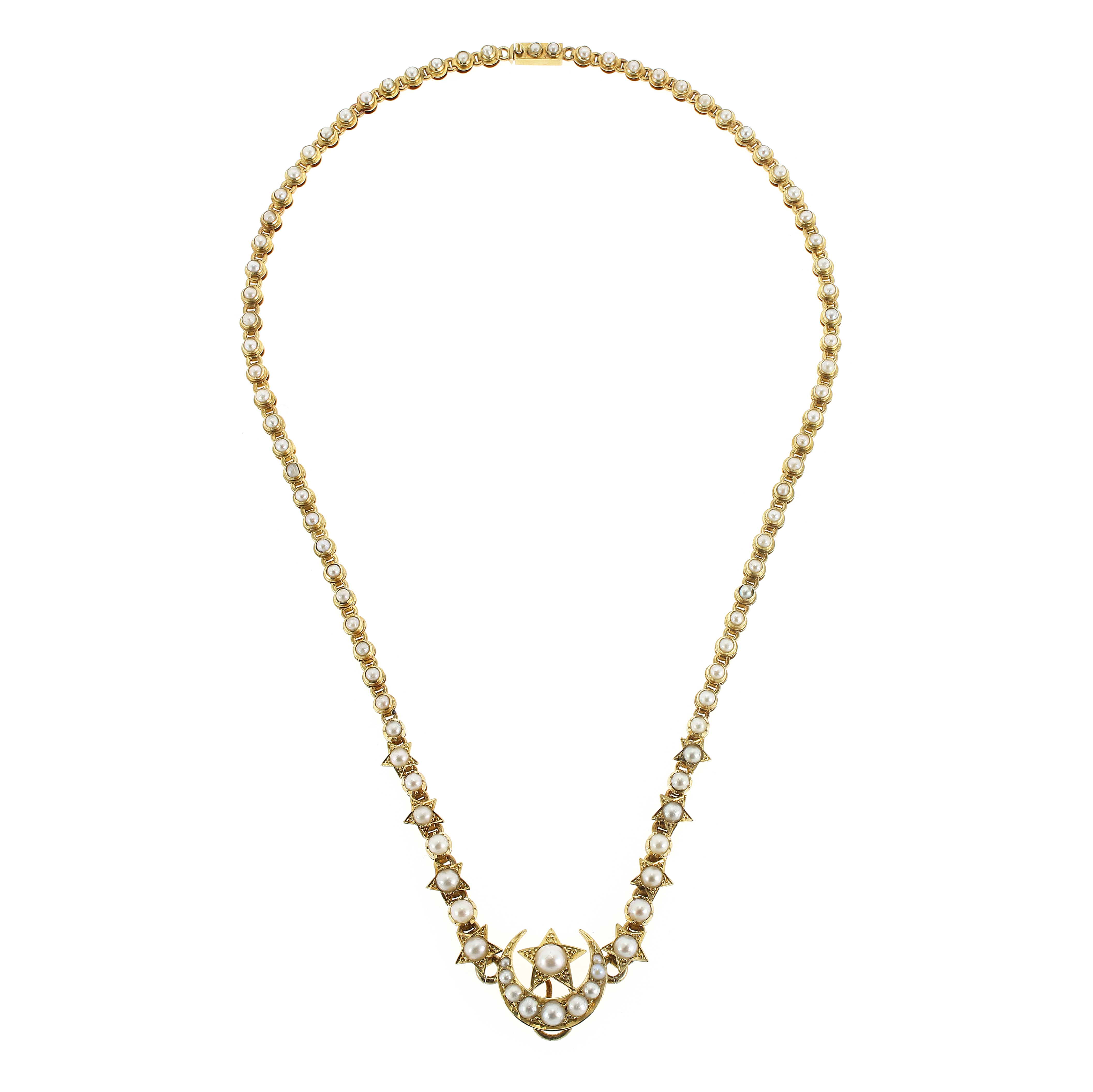 AN ANTIQUE PEARL STAR AND MOON NECKLET in yellow gold, designed with a moon and stars motif,