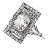 AN ART DECO 2.30 CARAT DIAMOND DRESS RING in platinum or white gold, the large rectangular face