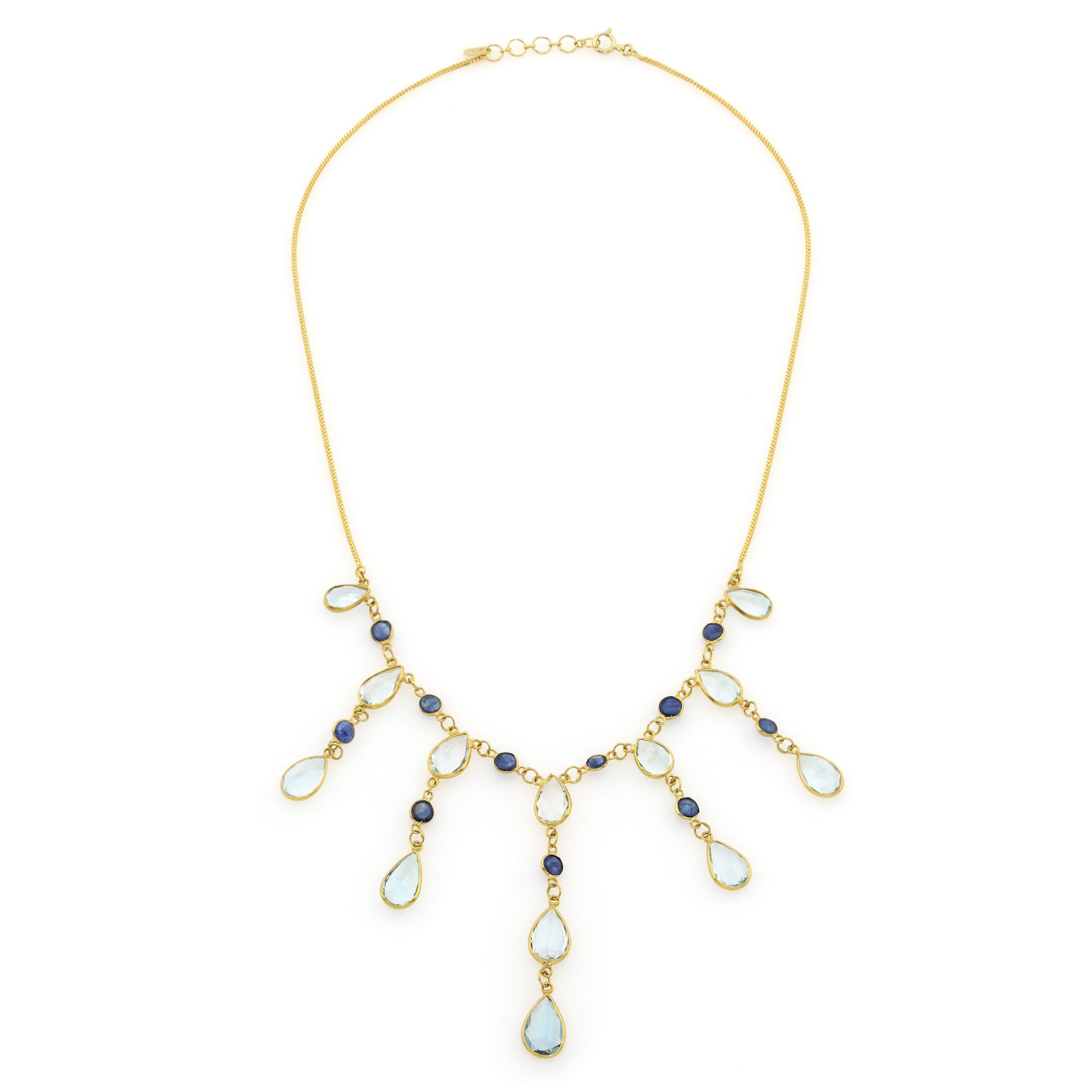 AN AQUAMARINE AND SAPPHIRE DROP NECKLACE in 14ct yellow gold, comprising seven graduated drops - Bild 2 aus 2