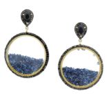 A PAIR OF SAPPHIRE AND BLACK DIAMOND EARRINGS in silver and yellow gold, each designed as a circular