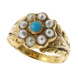 AN ANTIQUE TURQUIOSE AND PEARL FLOWER RING, CIRCA 1820 in high carat yellow gold, set with a central