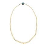 A PEARL AND TURQUOISE NECKLACE in silver, comprising a single row of eighty nine graduated pearls up