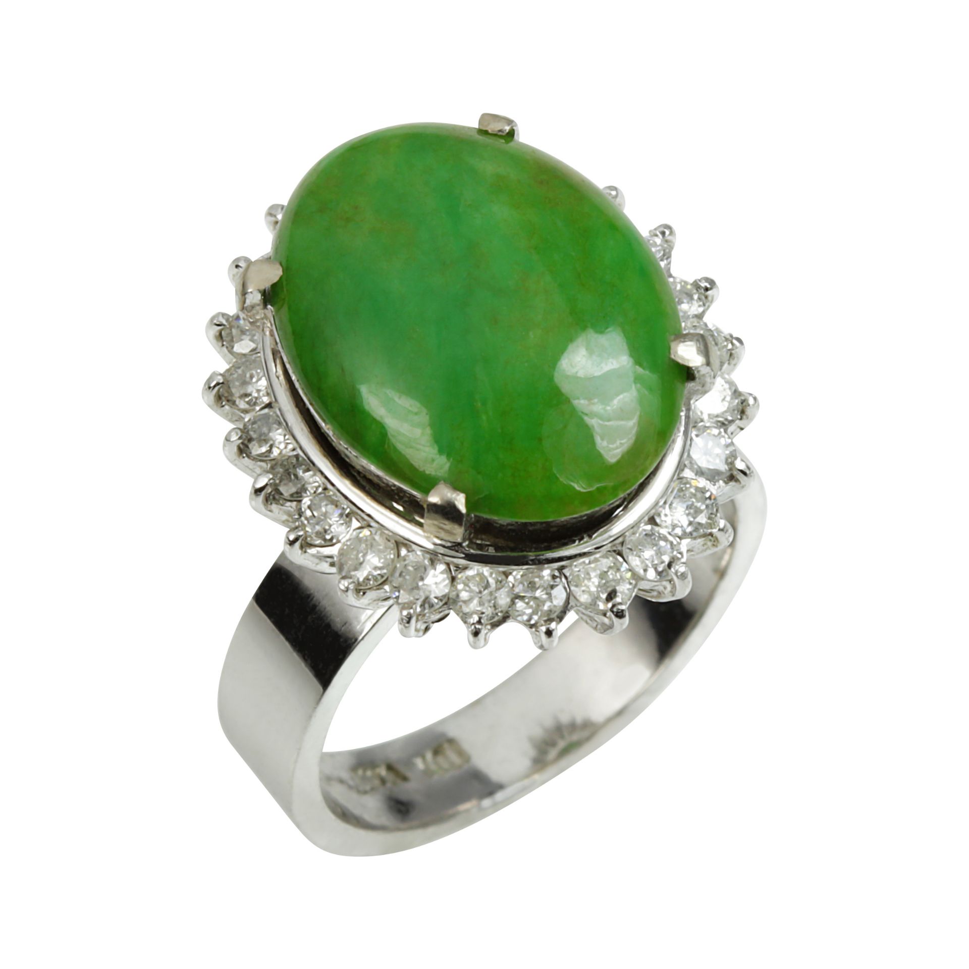 A JADEITE JADE AND DIAMOND DRESS RING in 18ct white gold, set with a central oval jade cabochon