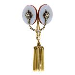 AN ANTIQUE PEARL, ENAMEL, HARDSTONE AND HAIRWORK MOURNING BROOCH in high carat yellow gold, the body
