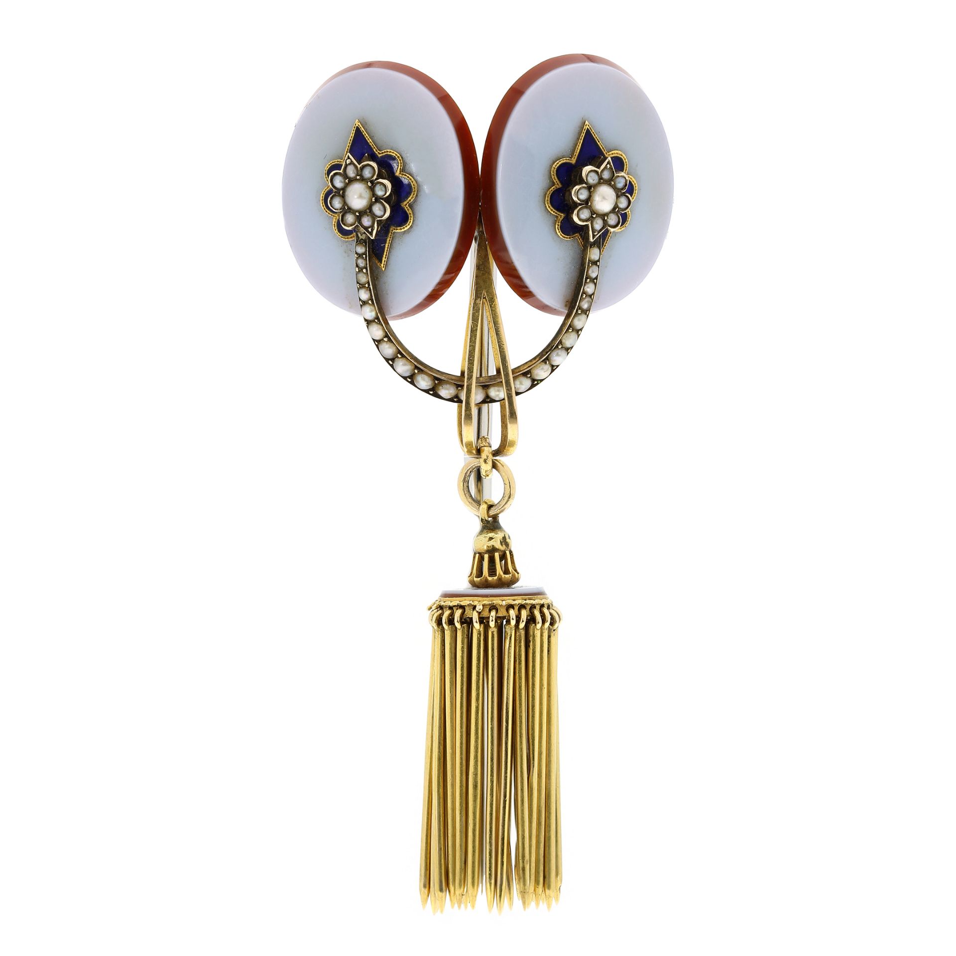 AN ANTIQUE PEARL, ENAMEL, HARDSTONE AND HAIRWORK MOURNING BROOCH in high carat yellow gold, the body