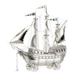 AN ANTIQUE STERLING SILVER NEF / SHIP TABLE ORNAMENT CIRCA 1900 designed as a large, fully rigged