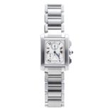 A STAINLESS STEEL WRIST WATCH, CARTIER rectangular case, inset dials, Roman numerals, steel