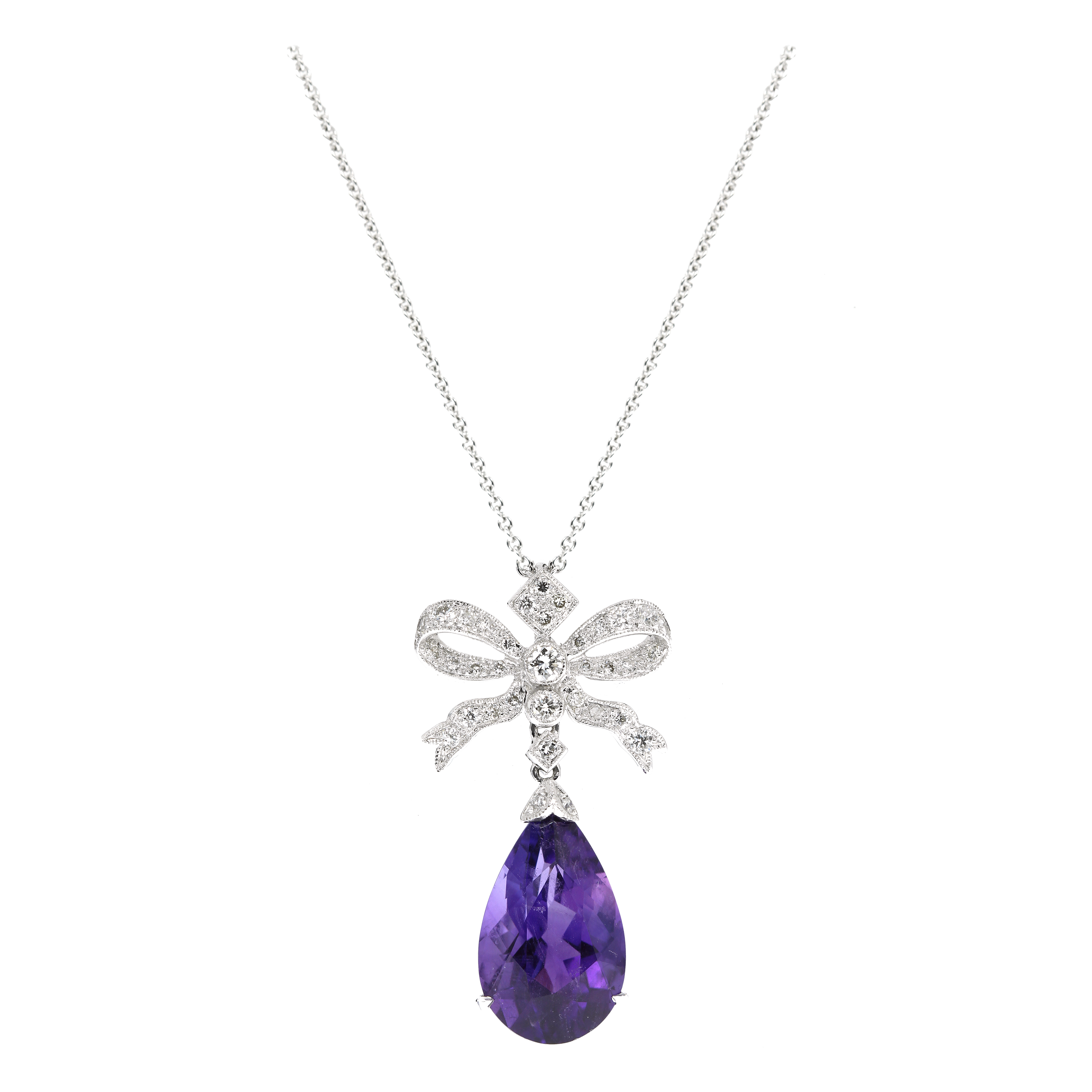 AN AMETHYST AND DIAMOND PENDANT AND CHAIN in 18ct white gold, set with a pear cut amethyst below a