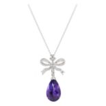 AN AMETHYST AND DIAMOND PENDANT AND CHAIN in 18ct white gold, set with a pear cut amethyst below a