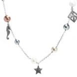 A PEARL AND DIAMOND SAUTOIR CHARM NECKLACE in 18ct white gold, comprising a long chain necklace