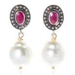 A PAIR OF RUBY, PEARL AND DIAMOND DROP EARRINGS in gold and silver, each suspending a baroque