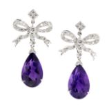 A PAIR OF AMETHYST AND DIAMOND DROP EARRINGS in 18ct white gold, each set with a pear cut amethyst