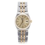 A YELLOW GOLD AND STAINLESS STREEL DATEJUST WRISTWATCH, ROLEX 38mm face, circular golden dial, on