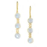 A PAIR OF MOONSTONE DROP EARRINGS in yellow gold, each designed as a row of three round cabochon