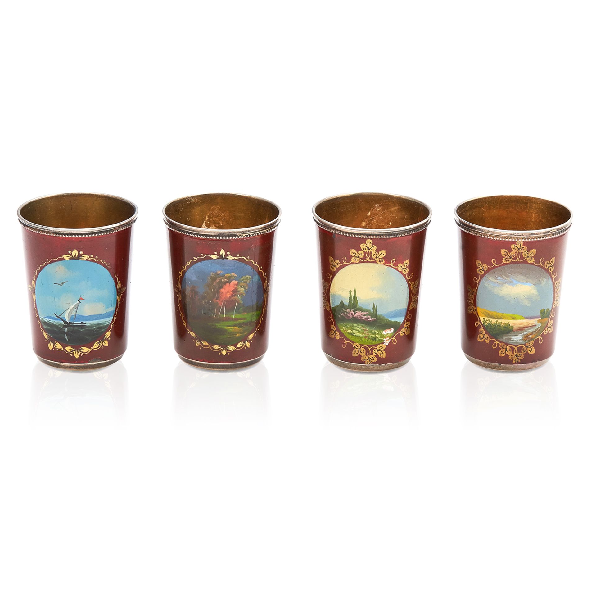 A SET OF FOUR LACQUERED SILVER SHOT CUPS / BEAKERS, SOVIET CIRCA 1950 each of tapering cylindrical