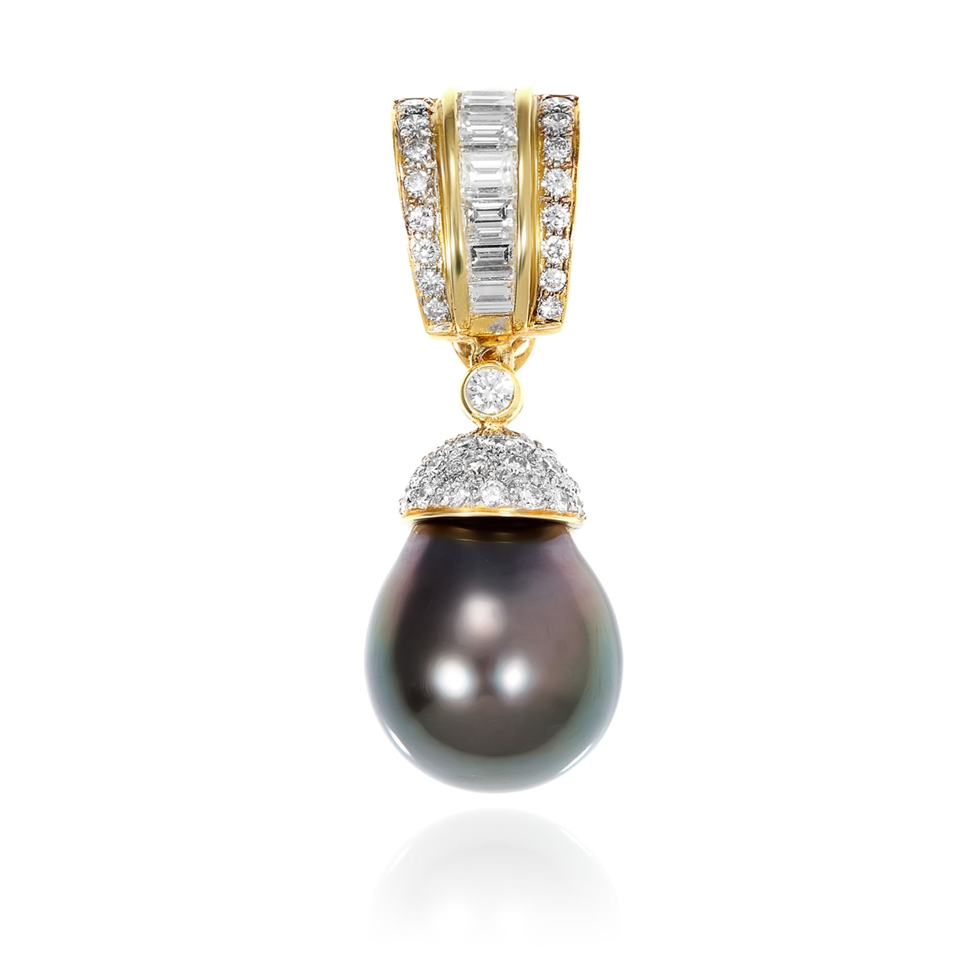 A TAHITIAN PEARL AND DIAMOND PENDANT in 18ct yellow gold, suspending a tapered pearl of 13.5mm below