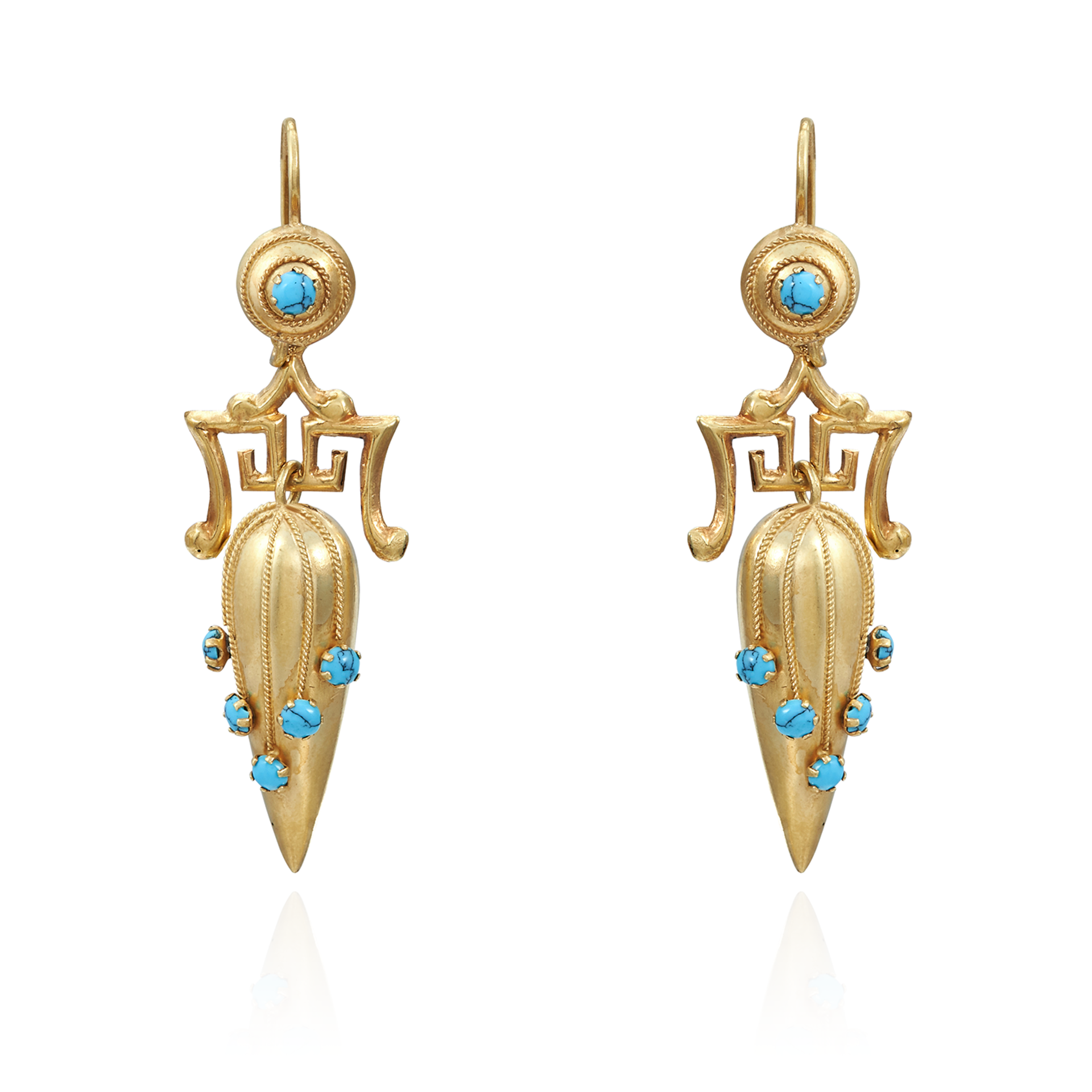 A PAIR OF ANTIQUE TURQUOISE DROP EARRINGS, 19TH CENTURY in high carat yellow gold, each set with a