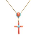 AN ANTIQUE CORAL, ENAMEL & HAIRWORK CRUCIFIX MOURNING PENDANT, 19TH CENTURY in high carat yellow