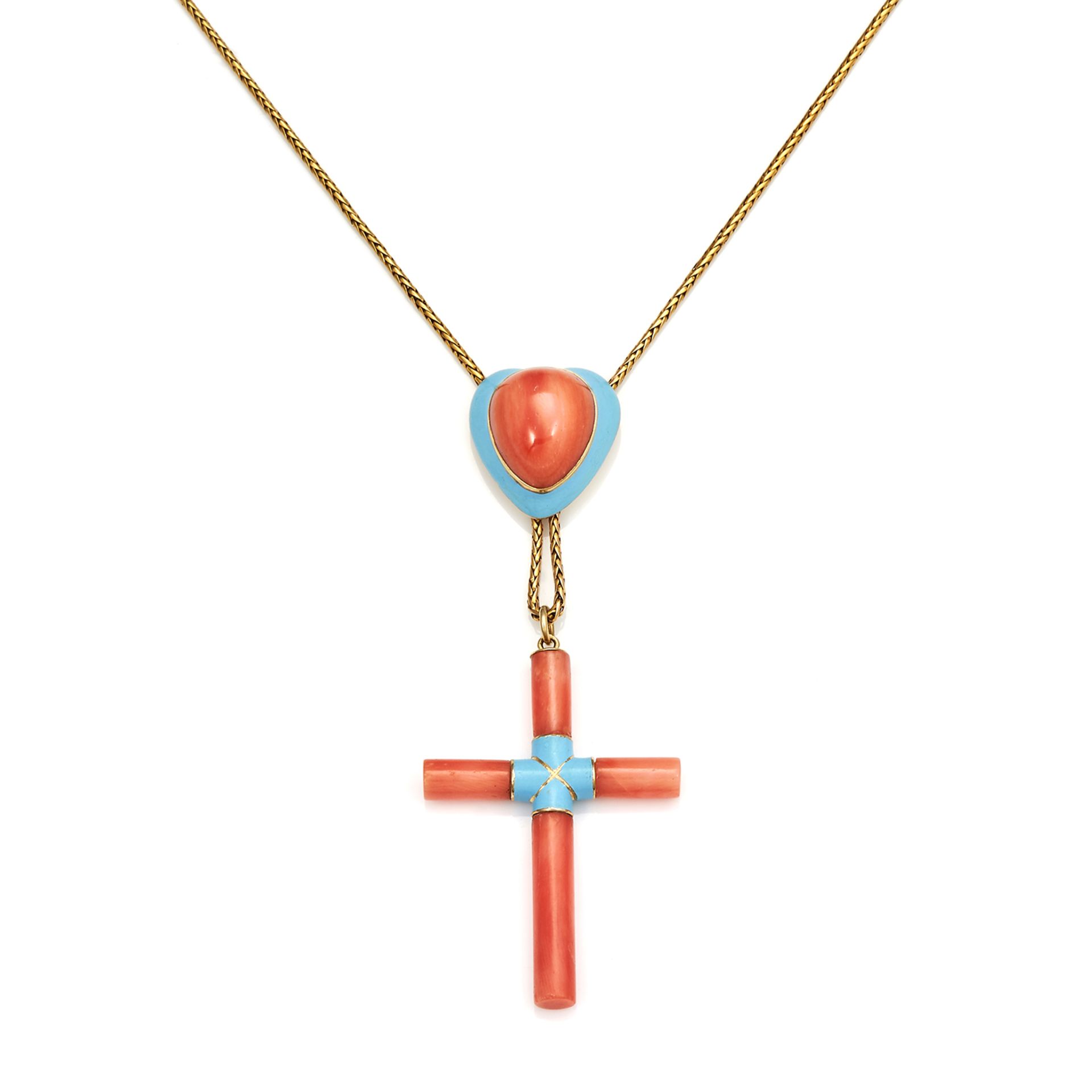 AN ANTIQUE CORAL, ENAMEL & HAIRWORK CRUCIFIX MOURNING PENDANT, 19TH CENTURY in high carat yellow