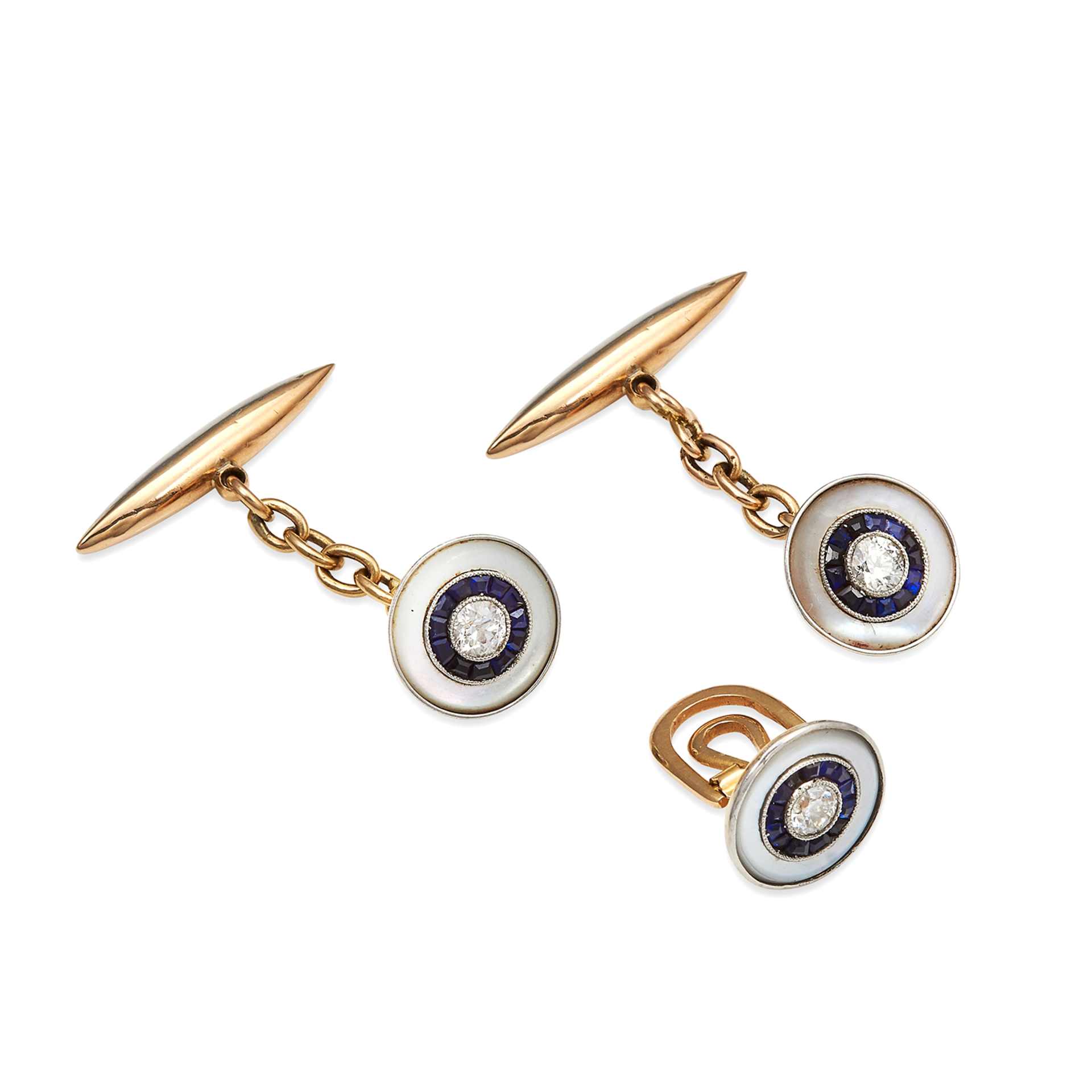 A PAIR OF ANTIQUE DIAMOND AND SAPPHIRE CUFFLINKS AND BUTTON in yellow gold and white gold or