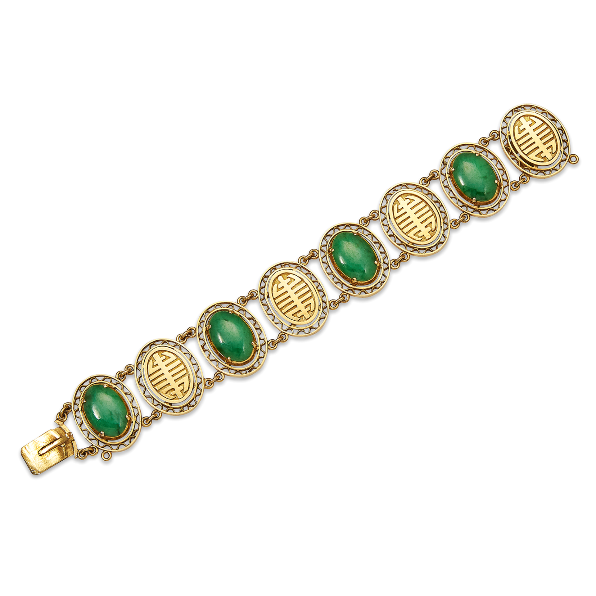 AN ANTIQUE CHINESE JADEITE JADE BRACELET, EARLY-MID 20TH CENTURY in high carat yellow gold, formed
