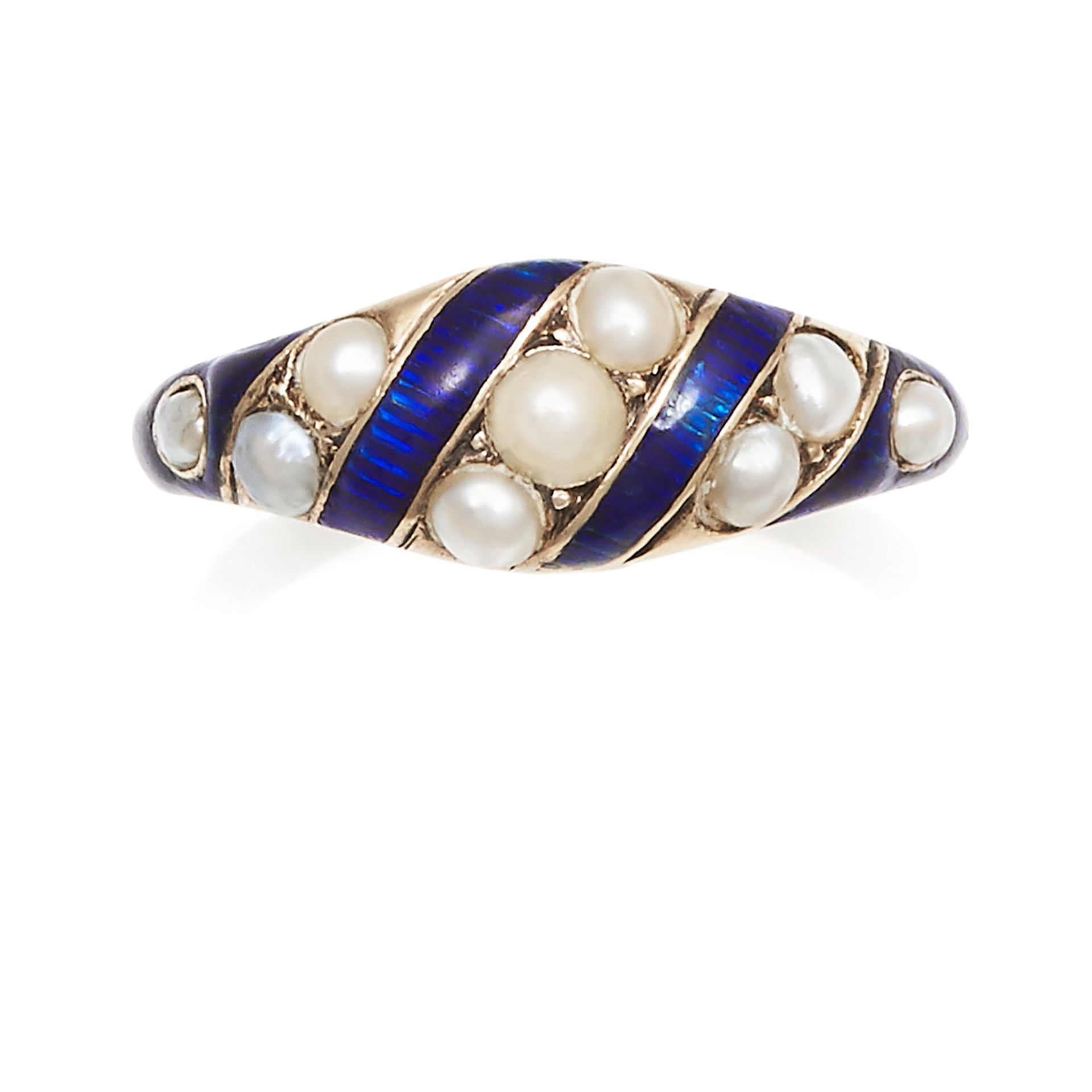 AN ANTIQUE PEARL, ENAMEL AND HAIRWORK MOURNING RING in high carat yellow gold, the bevelled body