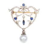 AN ANTIQUE PEARL, SAPPHIRE AND DIAMOND BROOCH in 18ct yellow gold, the scrolling body jewelled