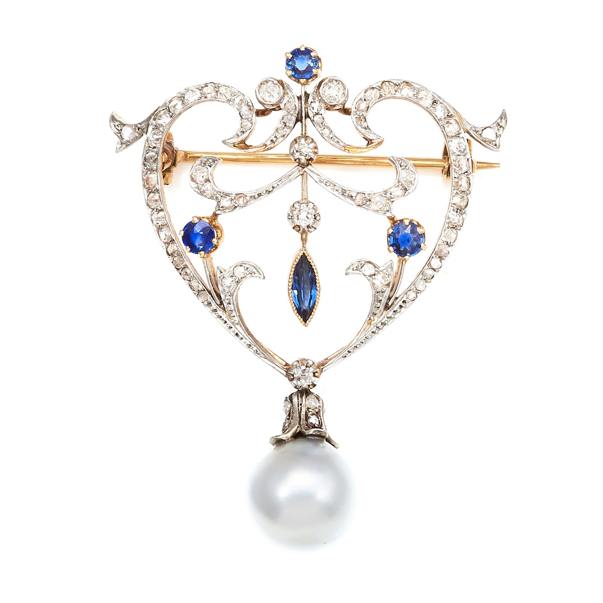 AN ANTIQUE PEARL, SAPPHIRE AND DIAMOND BROOCH in 18ct yellow gold, the scrolling body jewelled