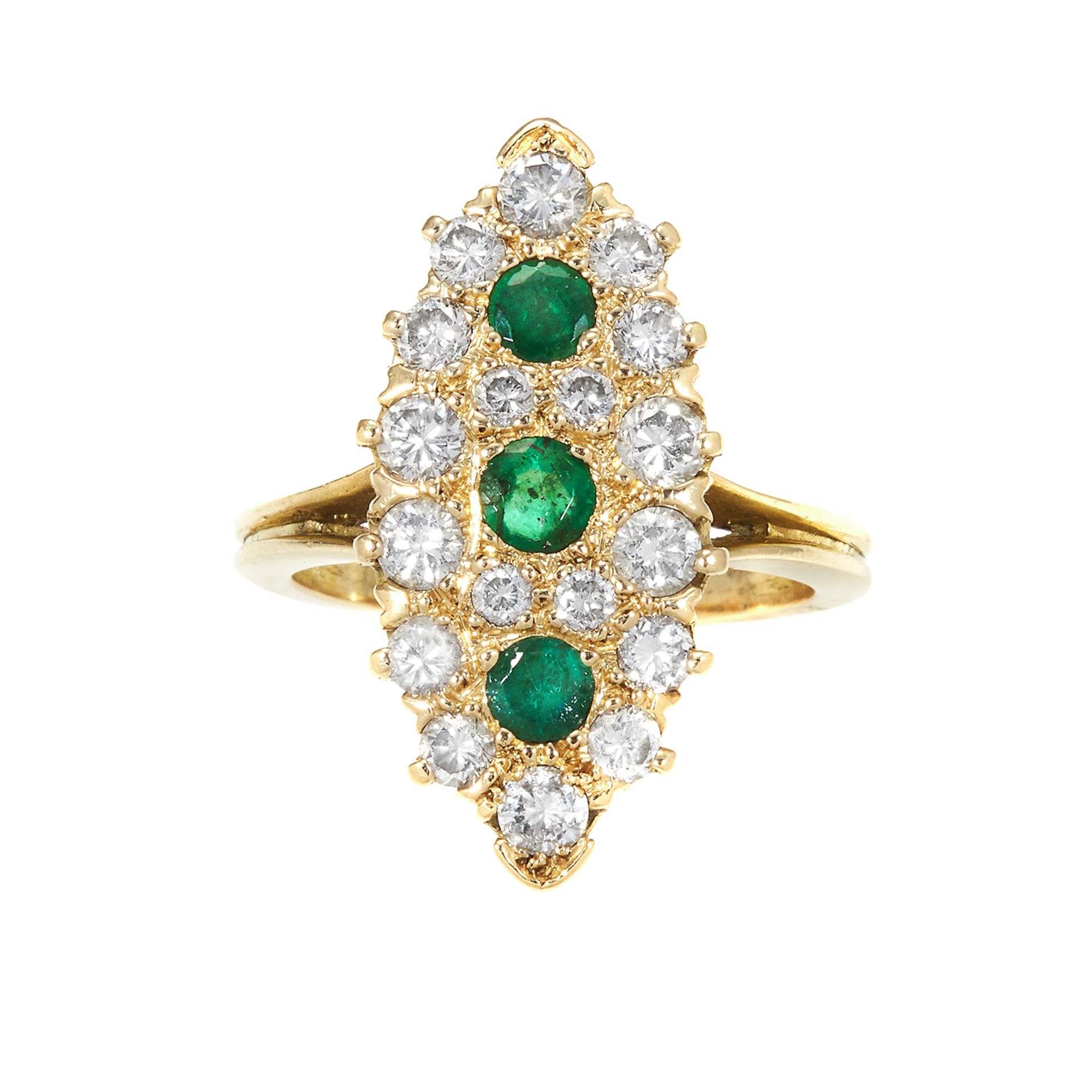 AN EMERALD AND DIAMOND COCKTAIL RING in high carat yellow gold, the marquise shaped face set with