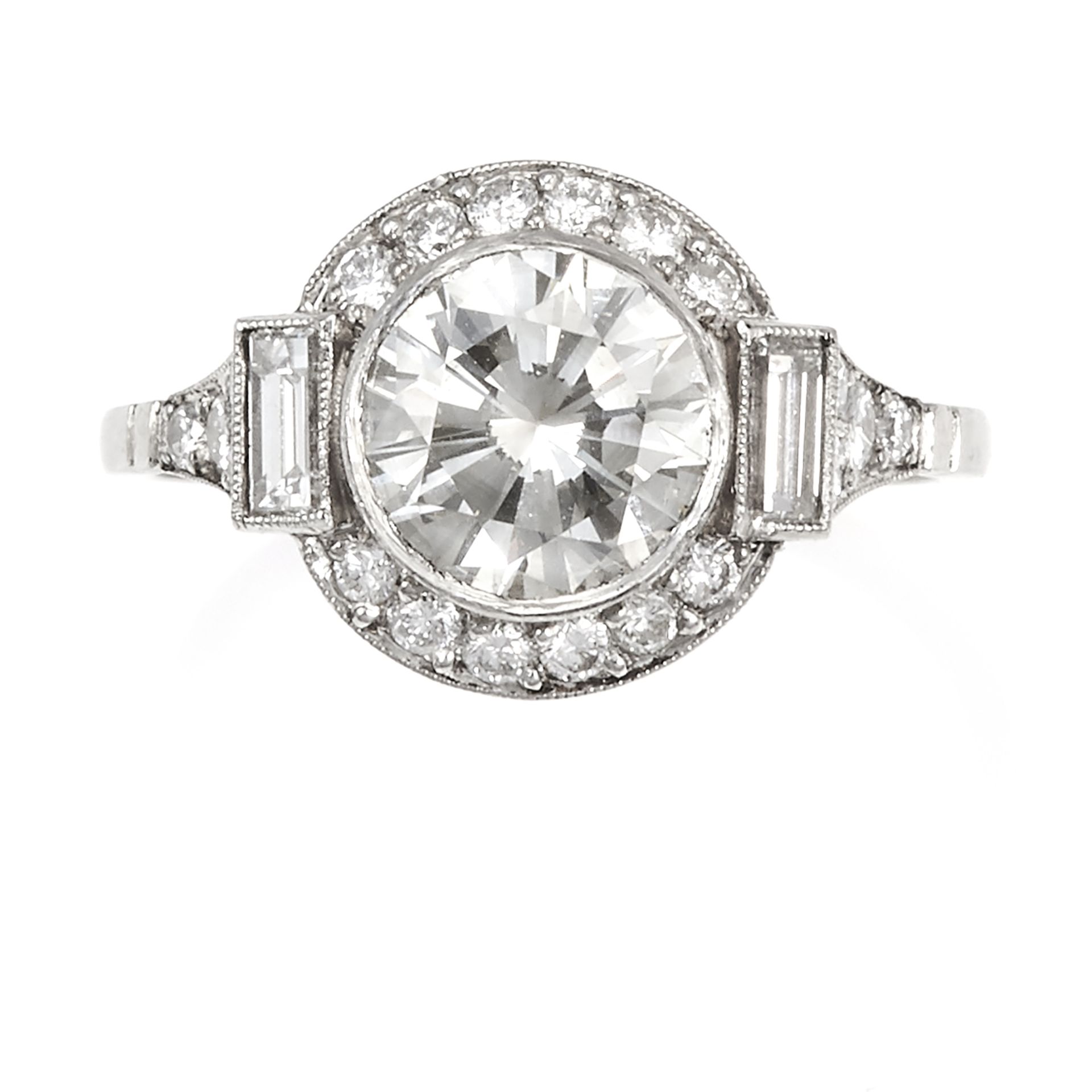 A 1.76 CARAT DIAMOND RING in platinum, set with a central round cut diamond of 1.76 carats within