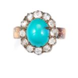 AN ANTIQUE TURQUOISE AND DIAMOND RING in 18ct yellow gold and silver, set with an oval turquoise