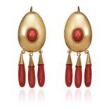 A PAIR OF CORAL EARRINGS, CIRCA 1940 in 18ct yellow gold, the oval bodies set with coral