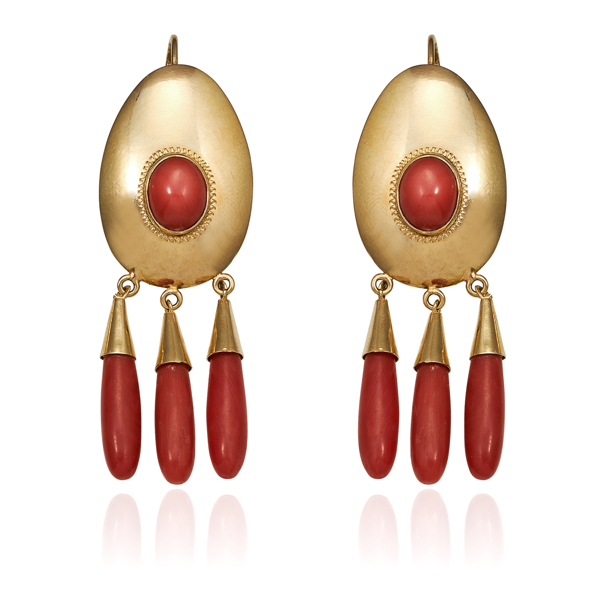 A PAIR OF CORAL EARRINGS, CIRCA 1940 in 18ct yellow gold, the oval bodies set with coral