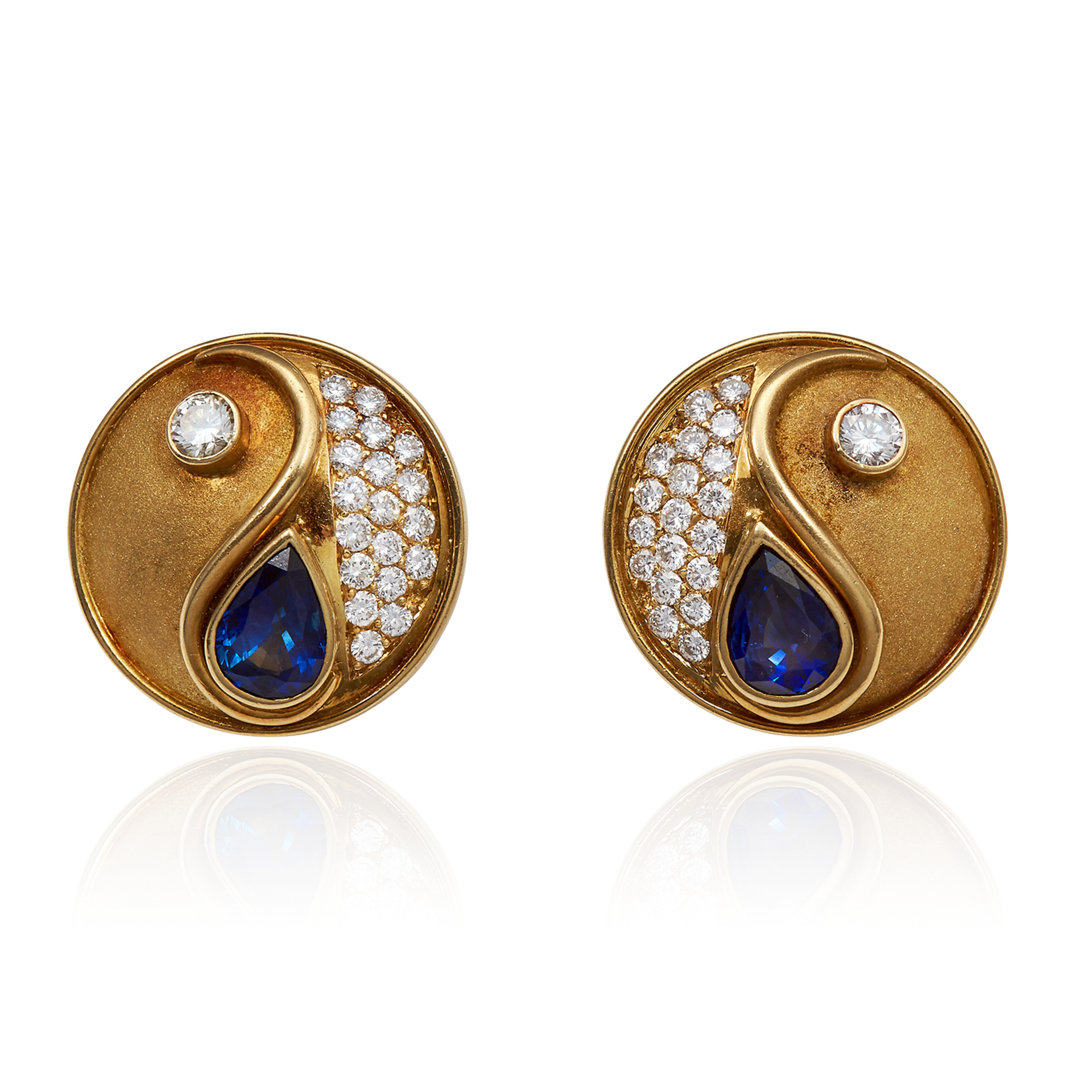 A PAIR OF DIAMOND AND SAPPHIRE YIN YANG EARRINGS, BOODLES in 18ct yellow gold, set with two pear cut