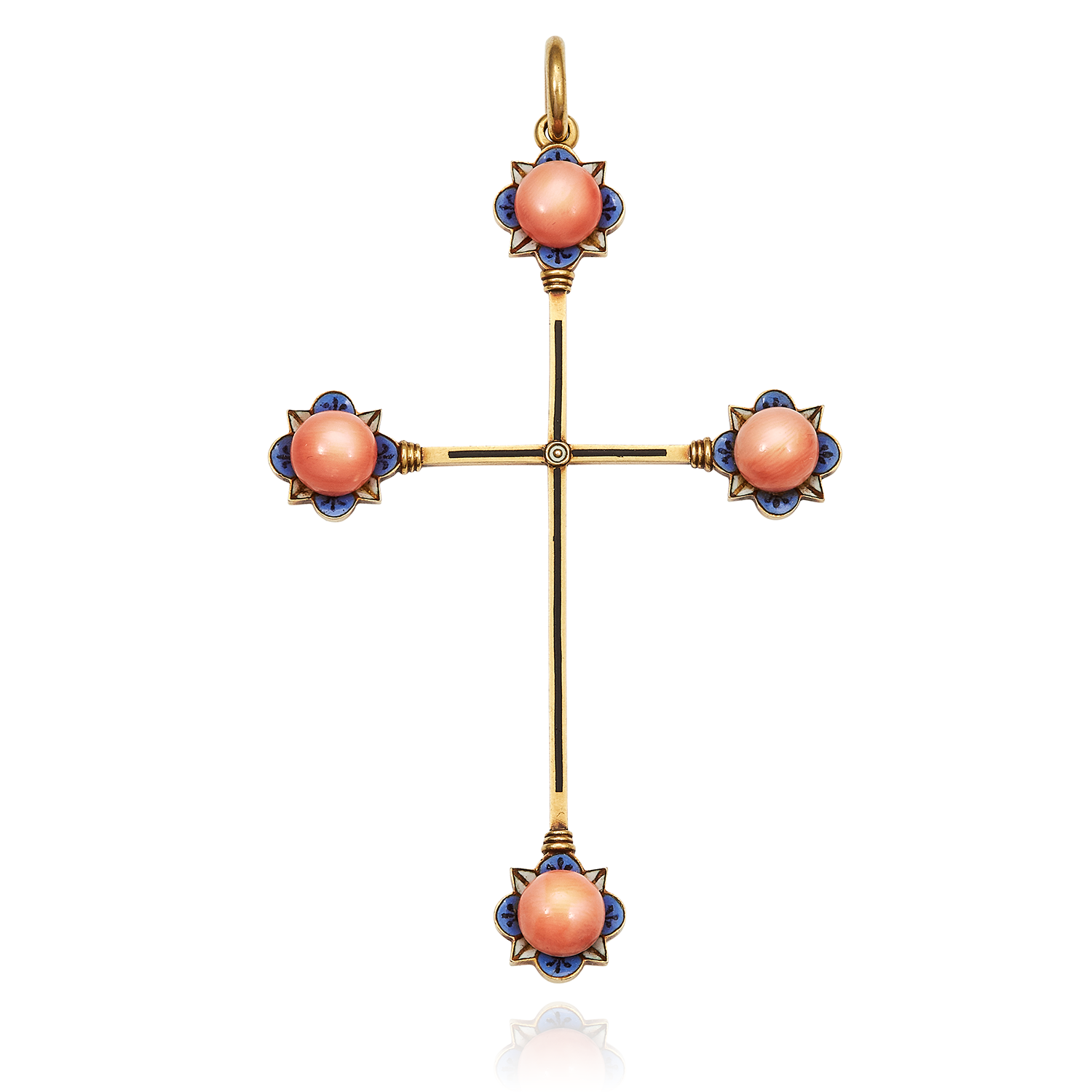 AN ANTIQUE CORAL AND ENAMEL CRUCIFIX / CROSS PENDANT, 19TH CENTURY in high carat yellow gold, each