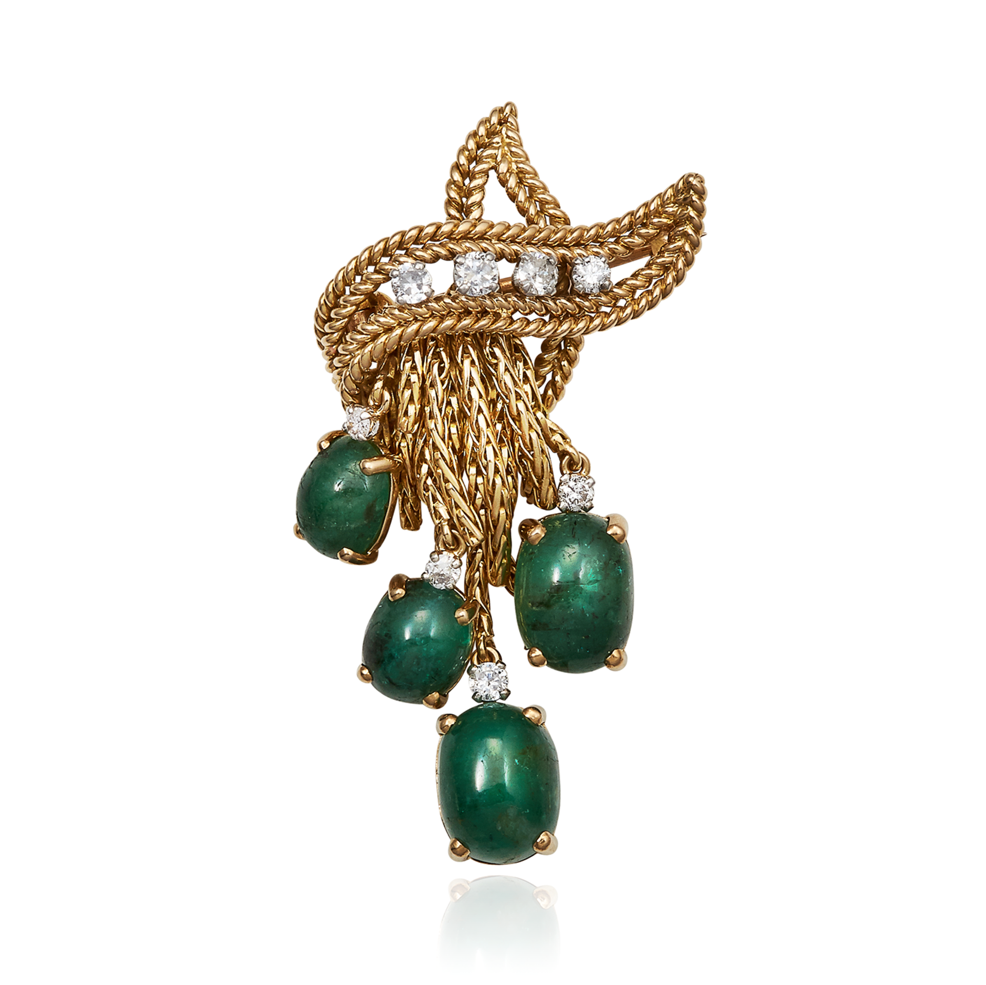 AN EMERALD AND DIAMOND BROOCH, CIRCA 1950 in 18ct yellow gold, the scroll design formed of twisted