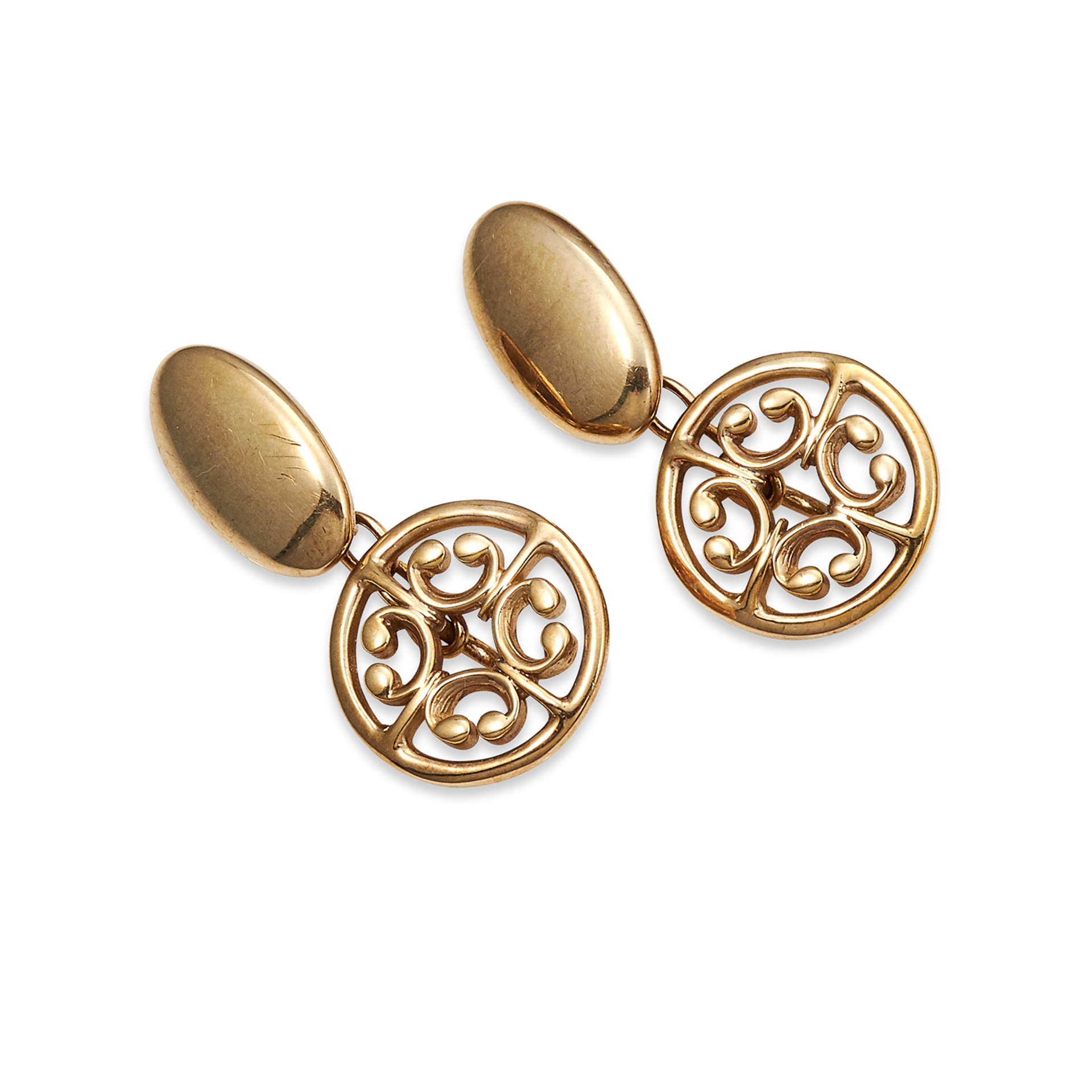 A PAIR OF ANTIQUE ST. MAGNUS CROSS CUFFLINKS in 9ct yellow gold, the circular face is set with the