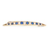 A SAPPHIRE AND DIAMOND CRESCENT BAR BROOCH in high carat yellow gold, designed as a crescent set