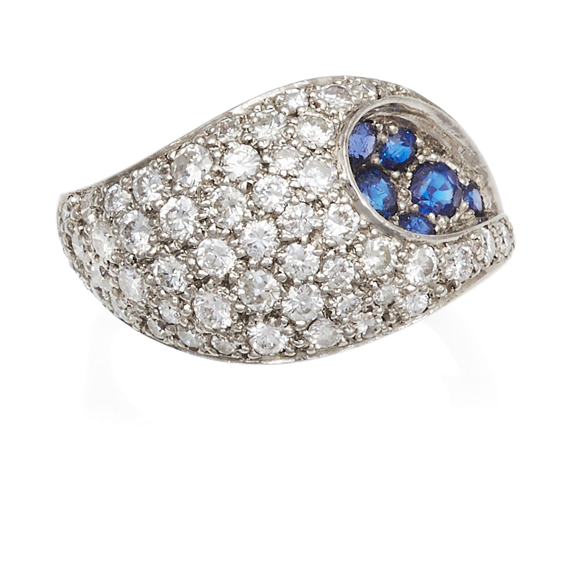 A SAPPHIRE AND DIAMOND DRESS RING in white gold or platinum, of abstract design, jewelled with round