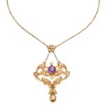 AN ANTIQUE AMETHYST, CITRINE AND PEARL NECKLACE, CIRCA 1915 in high carat yellow gold, with